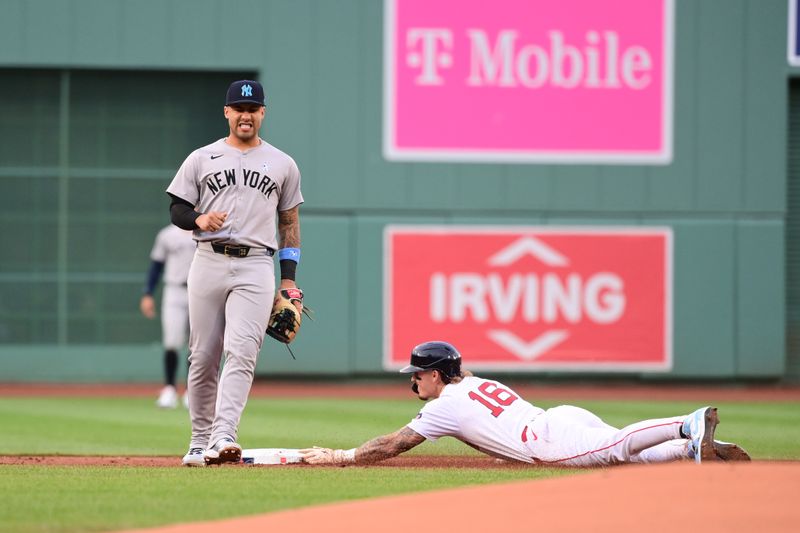 Jun 16, 2024; Boston, Massachusetts, USA; Boston Red Sox left fielder Jarren Duran (16) steals second base during the first inning against the New York Yankees at Fenway Park. Mandatory Credit: Eric Canha-USA TODAY Sports