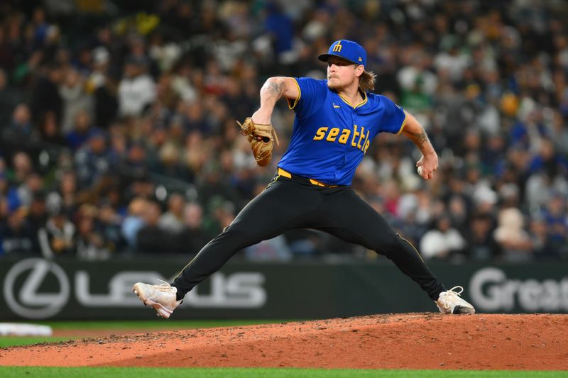 Sep 27, 2024; Seattle, Washington, USA; Seattle Mariners relief pitcher Gabe Speier (55) pitches to the Oakland Athletics during the sixth inning at T-Mobile Park. Mandatory Credit: Steven Bisig-Imagn Images