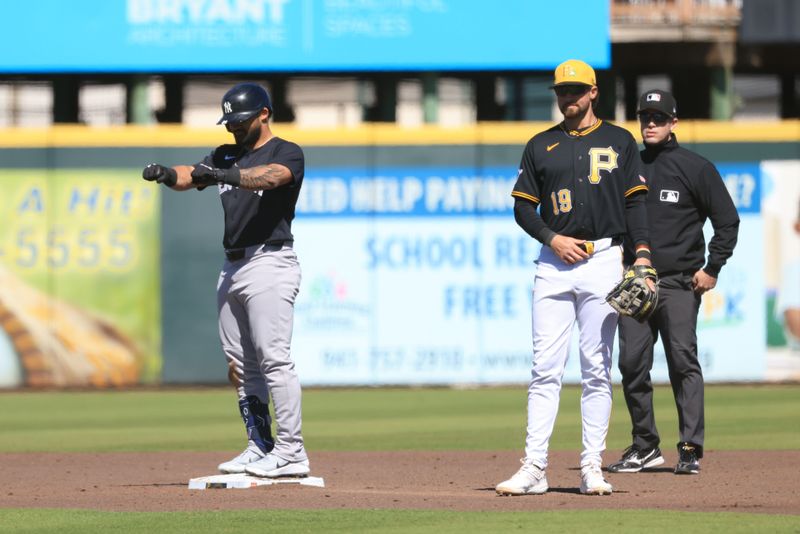 Feb 23, 2026; Bradenton, Florida, USA;  New York Yankees left fielder Jasson Dominguez (24) reacts after he hit a RBI double during the ]second inning at LECOM Park. Mandatory Credit: Kim Klement Neitzel-Imagn Images