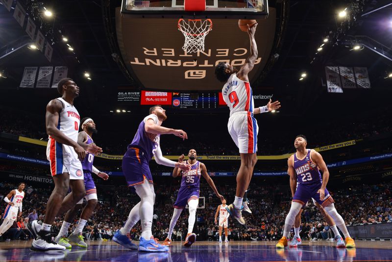 PHOENIX, AZ - FEBRUARY 14:  Ausar Thompson #9 of the Detroit Pistons drives to the basket during the game against the Phoenix Suns on February 14, 2024 at Footprint Center in Phoenix, Arizona. NOTE TO USER: User expressly acknowledges and agrees that, by downloading and or using this photograph, user is consenting to the terms and conditions of the Getty Images License Agreement. Mandatory Copyright Notice: Copyright 2024 NBAE (Photo by Barry Gossage/NBAE via Getty Images)