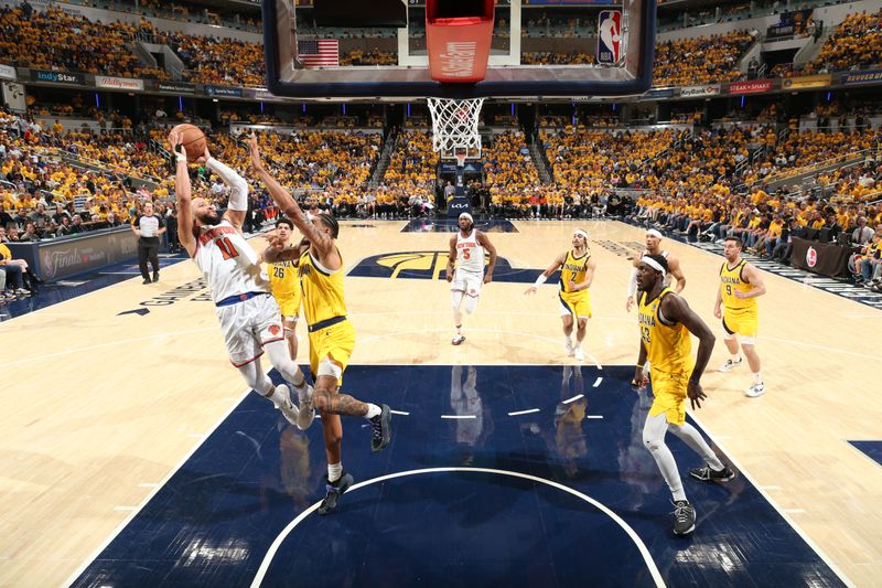 INDIANAPOLIS, IN - MAY 17: Jalen Brunson #11 of the New York Knicks drives to the basket during the game against the Indiana Pacers during Round 2 Game 6 of the 2024 NBA Playoffs on May 17, 2024 at Gainbridge Fieldhouse in Indianapolis, Indiana. NOTE TO USER: User expressly acknowledges and agrees that, by downloading and or using this Photograph, user is consenting to the terms and conditions of the Getty Images License Agreement. Mandatory Copyright Notice: Copyright 2024 NBAE (Photo by Nathaniel S. Butler/NBAE via Getty Images)