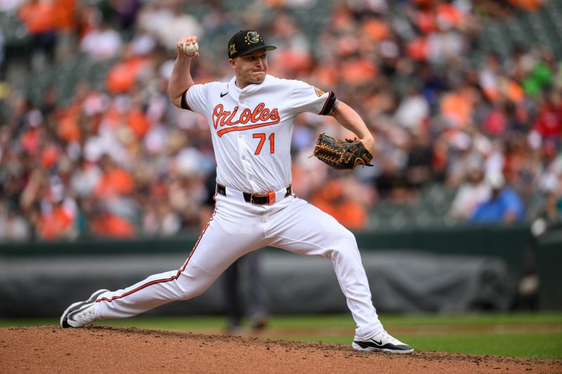 May 19, 2024; Baltimore, Maryland, USA; Baltimore Orioles pitcher Jacob Webb (71) throws a pitch during the seventh inning against the Seattle Mariners at Oriole Park at Camden Yards. Mandatory Credit: Reggie Hildred-USA TODAY Sports