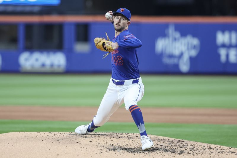 Jun 26, 2025; New York City, New York, USA;  New York Mets starting pitcher Griffin Canning (46) pitches in the third inning against the Atlanta Braves at Citi Field. Mandatory Credit: Wendell Cruz-Imagn Images