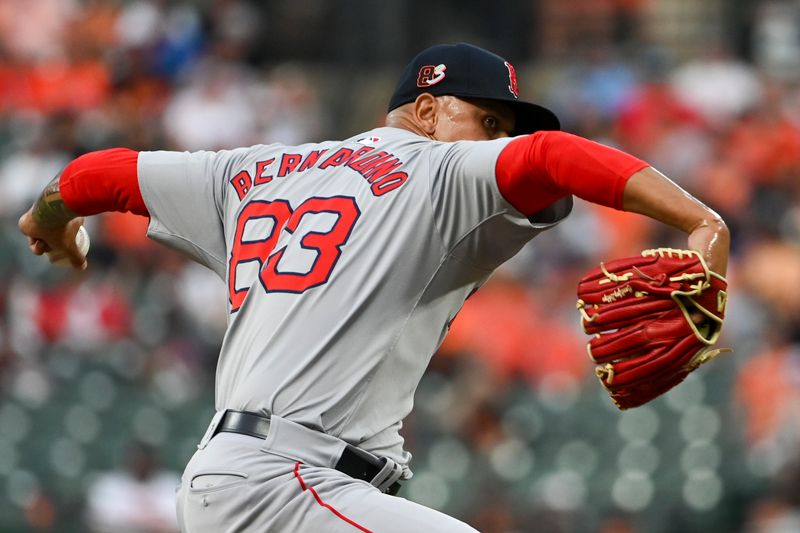 Aug 16, 2024; Baltimore, Maryland, USA;  Boston Red Sox relief pitcher Brennan Bernardino (83) delivers a first inning pitch against the Baltimore Orioles at Oriole Park at Camden Yards. Mandatory Credit: Tommy Gilligan-USA TODAY Sports