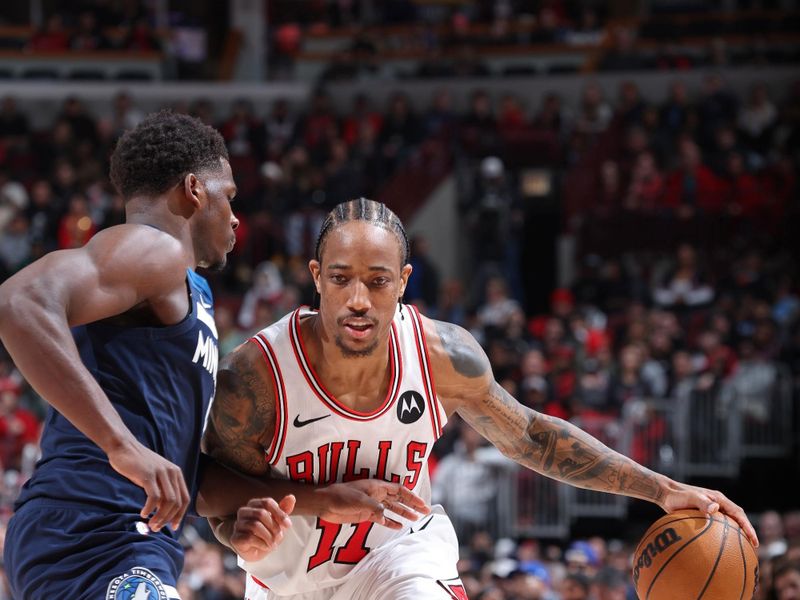 CHICAGO, IL - FEBRUARY 6: DeMar DeRozan #11 of the Chicago Bulls handles the ball during the game against the Minnesota Timberwolves on February 6, 2024 at United Center in Chicago, Illinois. NOTE TO USER: User expressly acknowledges and agrees that, by downloading and or using this photograph, User is consenting to the terms and conditions of the Getty Images License Agreement. Mandatory Copyright Notice: Copyright 2024 NBAE (Photo by Jeff Haynes/NBAE via Getty Images)