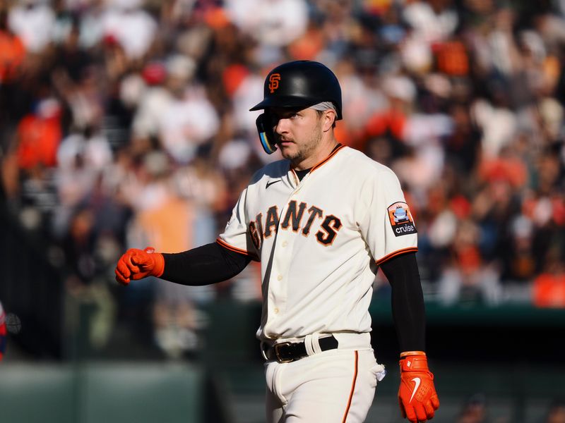 Aug 27, 2023; San Francisco, California, USA; San Francisco Giants catcher Patrick Bailey (14) after hitting a three-run RBI double against the Atlanta Braves during the fifth inning at Oracle Park. Mandatory Credit: Kelley L Cox-USA TODAY Sports