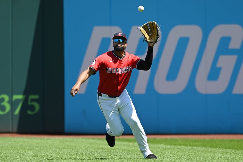 Jun 29, 2025; Cleveland, Ohio, USA; Cleveland Guardians right fielder Johnathan Rodriguez (30) catches a ball hit by St. Louis Cardinals third baseman Nolan Arenado (not pictured) during the first inning at Progressive Field. Mandatory Credit: Ken Blaze-Imagn Images