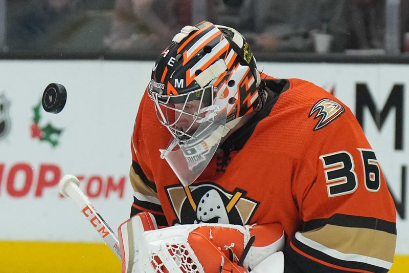 Nov 23, 2022; Anaheim, California, USA; Anaheim Ducks goaltender John Gibson (36) makes a save against the New York Rangers in the first period at Honda Center. Mandatory Credit: Kirby Lee-USA TODAY Sports