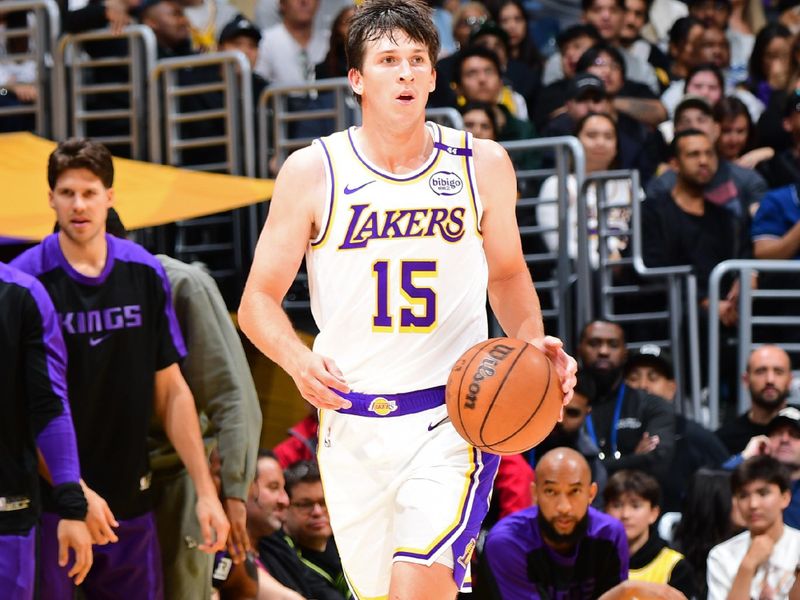 LOS ANGELES, CA - OCTOBER 26: Austin Reaves #15 of the Los Angeles Lakers dribbles the ball during the game against the Sacramento Kings on October 26, 2024 at Crypto.Com Arena in Los Angeles, California. NOTE TO USER: User expressly acknowledges and agrees that, by downloading and/or using this Photograph, user is consenting to the terms and conditions of the Getty Images License Agreement. Mandatory Copyright Notice: Copyright 2024 NBAE (Photo by Adam Pantozzi/NBAE via Getty Images)