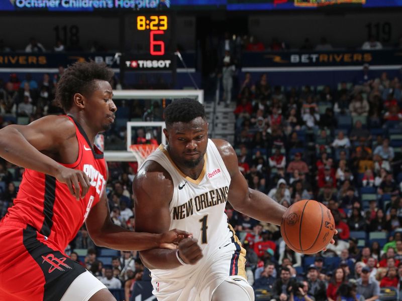 NEW ORLEANS, LA - FEBRUARY 22: Zion Williamson #1 of the New Orleans Pelicans dribbles the ball during the game against the Houston Rockets on February 22, 2024 at the Smoothie King Center in New Orleans, Louisiana. NOTE TO USER: User expressly acknowledges and agrees that, by downloading and or using this Photograph, user is consenting to the terms and conditions of the Getty Images License Agreement. Mandatory Copyright Notice: Copyright 2024 NBAE (Photo by Layne Murdoch Jr./NBAE via Getty Images)