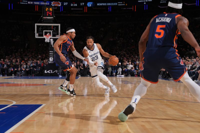 NEW YORK, NY - FEBRUARY 6: Derrick Rose #23 of the Memphis Grizzlies drives to the basket during the game against the New York Knicks on February 6, 2024 at Madison Square Garden in New York City, New York.  NOTE TO USER: User expressly acknowledges and agrees that, by downloading and or using this photograph, User is consenting to the terms and conditions of the Getty Images License Agreement. Mandatory Copyright Notice: Copyright 2024 NBAE  (Photo by Jesse D. Garrabrant/NBAE via Getty Images)