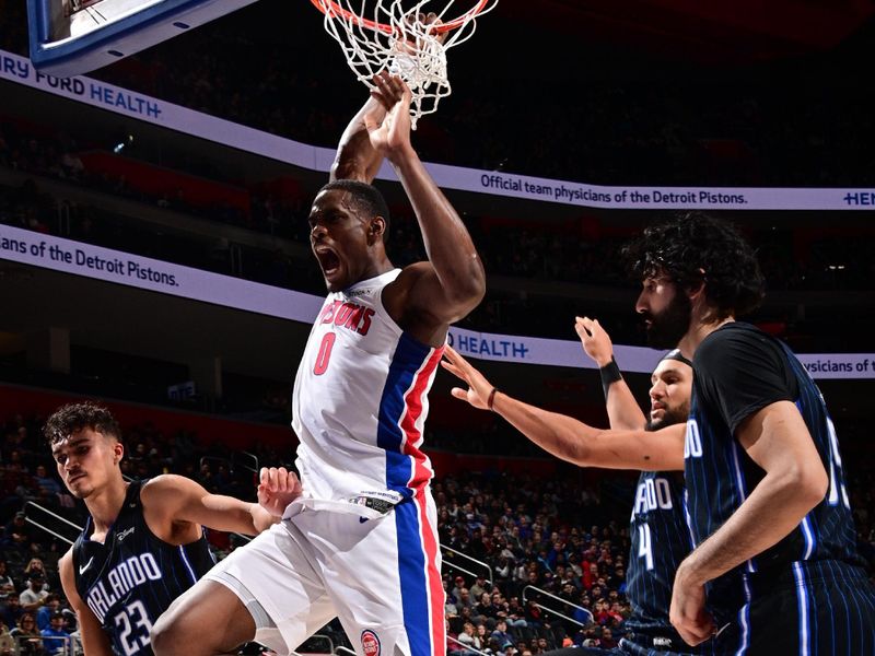 DETROIT, MI - JANUARY 1: Jalen Duren #0 of the Detroit Pistons celebrates dunks the ball during the game against the Orlando Magic on January 1, 2025 at Little Caesars Arena in Detroit, Michigan. NOTE TO USER: User expressly acknowledges and agrees that, by downloading and/or using this photograph, User is consenting to the terms and conditions of the Getty Images License Agreement. Mandatory Copyright Notice: Copyright 2025 NBAE (Photo by Chris Schwegler/NBAE via Getty Images)