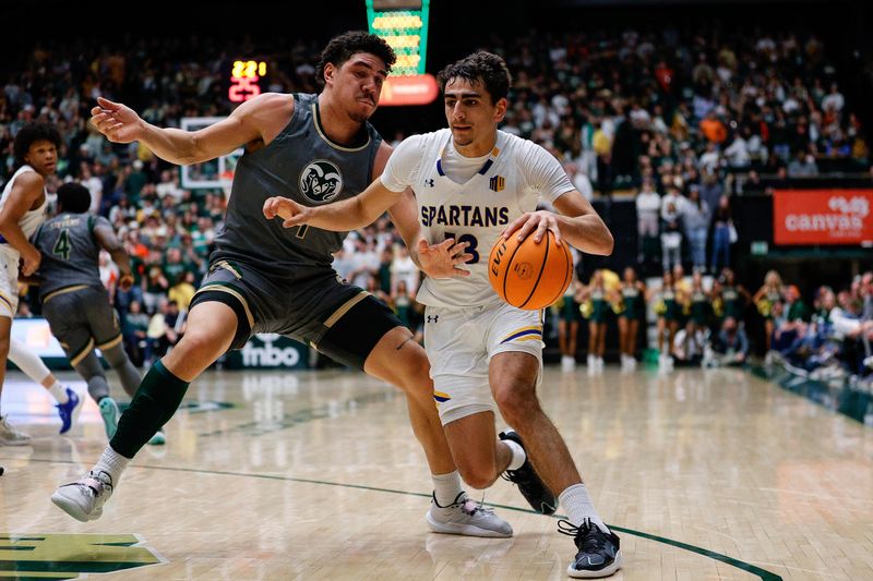 Feb 9, 2024; Fort Collins, Colorado, USA; San Jose State Spartans guard Alvaro Cardenas (13) controls the ball as Colorado State Rams forward Joel Scott (1) guards in the first half at Moby Arena. Mandatory Credit: Isaiah J. Downing-USA TODAY Sports