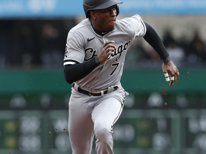 Apr 7, 2023; Pittsburgh, Pennsylvania, USA;  Chicago White Sox shortstop Tim Anderson (7) runs on his way to stealing third base against the Pittsburgh Pirates during the first inning at PNC Park. Mandatory Credit: Charles LeClaire-USA TODAY Sports