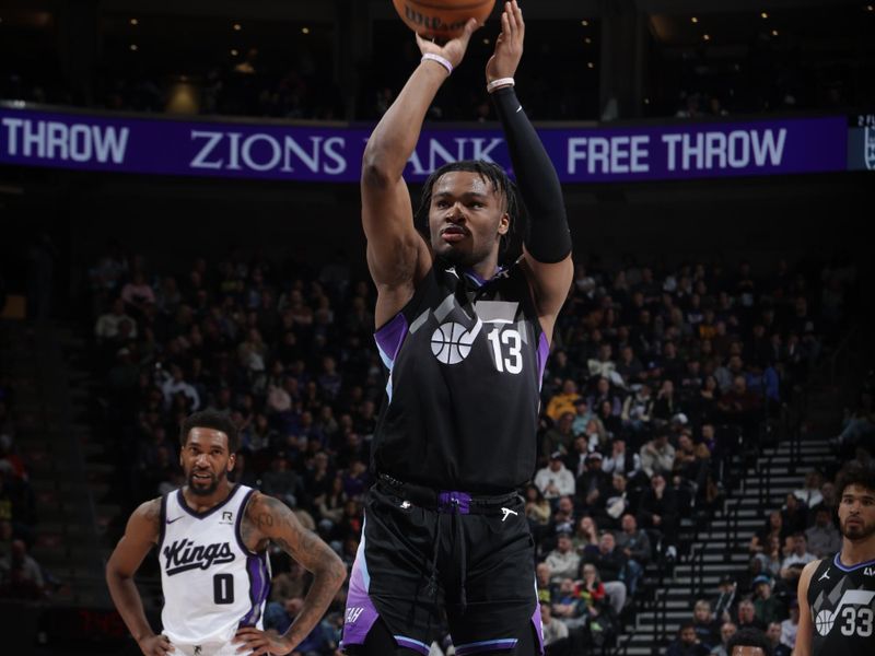 SALT LAKE CITY, UT - FEBRUARY 26:  Isaiah Collier #13 of the Utah Jazz shoots a free throw during the game against the Sacramento Kings on February 26, 2025 at Delta Center in Salt Lake City, Utah. NOTE TO USER: User expressly acknowledges and agrees that, by downloading and or using this Photograph, User is consenting to the terms and conditions of the Getty Images License Agreement. Mandatory Copyright Notice: Copyright 2025 NBAE (Photo by Melissa Majchrzak/NBAE via Getty Images)