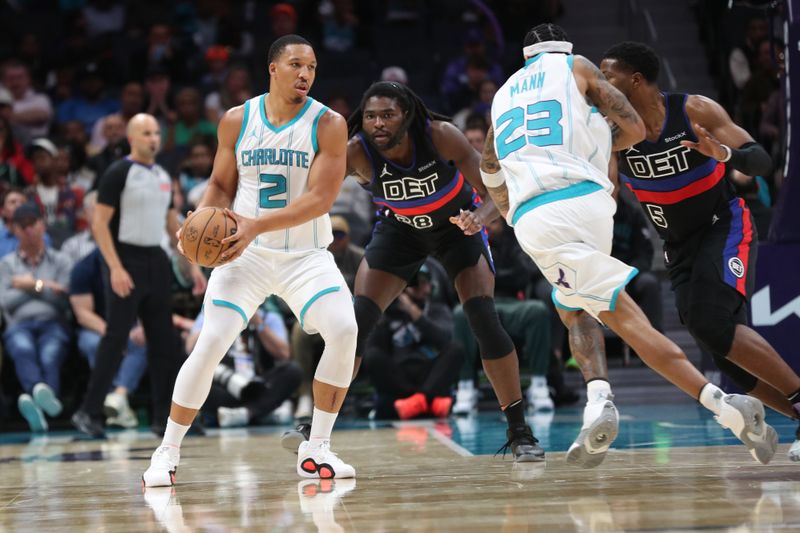 CHARLOTTE, NC - NOVEMBER 06:  Grant Williams #2 of the Charlotte Hornets handles the ball during the game against the Detroit Pistons on November 06, 2024 at Spectrum Center in Charlotte, North Carolina. NOTE TO USER: User expressly acknowledges and agrees that, by downloading and or using this photograph, User is consenting to the terms and conditions of the Getty Images License Agreement. Mandatory Copyright Notice: Copyright 2024 NBAE (Photo by Brock Williams-Smith/NBAE via Getty Images)