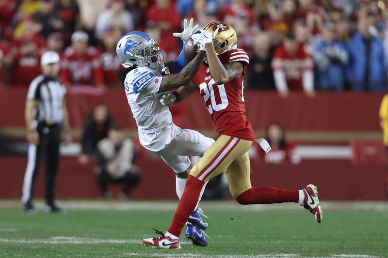 Detroit Lions wide receiver Jameson Williams (9) catches a pass against San Francisco 49ers cornerback Ambry Thomas during the second half of the NFC Championship NFL football game in Santa Clara, Calif., Sunday, Jan. 28, 2024. (AP Photo/Jed Jacobsohn)