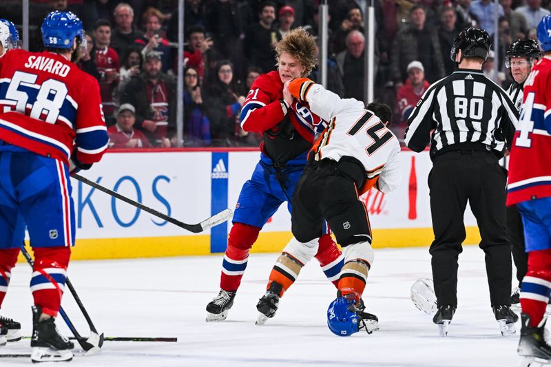 Feb 13, 2024; Montreal, Quebec, CAN; Montreal Canadiens defenseman Kaiden Guhle (21) fights with Anaheim Ducks center Adam Henrique (14) during the third period at Bell Centre. Mandatory Credit: David Kirouac-USA TODAY Sports