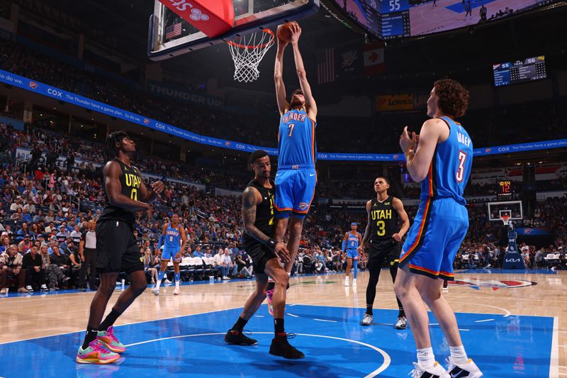 OKLAHOMA CITY, OK - MARCH 20: Chet Holmgren #7 of the Oklahoma City Thunder shoots the ball during the game against the Utah Jazz on March 20, 2024 at Paycom Arena in Oklahoma City, Oklahoma. NOTE TO USER: User expressly acknowledges and agrees that, by downloading and or using this photograph, User is consenting to the terms and conditions of the Getty Images License Agreement. Mandatory Copyright Notice: Copyright 2024 NBAE (Photo by Zach Beeker/NBAE via Getty Images)