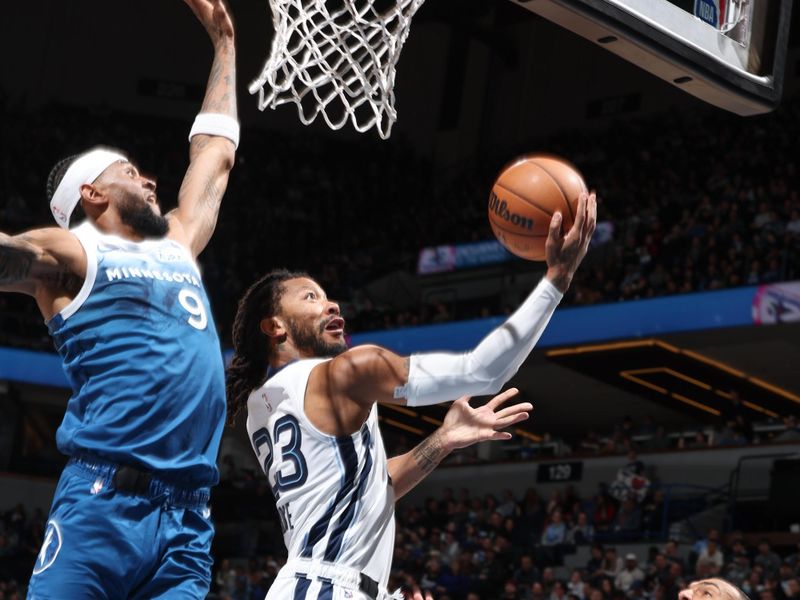 MINNEAPOLIS, MN -  FEBRUARY 28: Derrick Rose #23 of the Memphis Grizzlies goes to the basket during the game on February 28, 2024 at Target Center in Minneapolis, Minnesota. NOTE TO USER: User expressly acknowledges and agrees that, by downloading and or using this Photograph, user is consenting to the terms and conditions of the Getty Images License Agreement. Mandatory Copyright Notice: Copyright 2024 NBAE (Photo by David Sherman/NBAE via Getty Images)