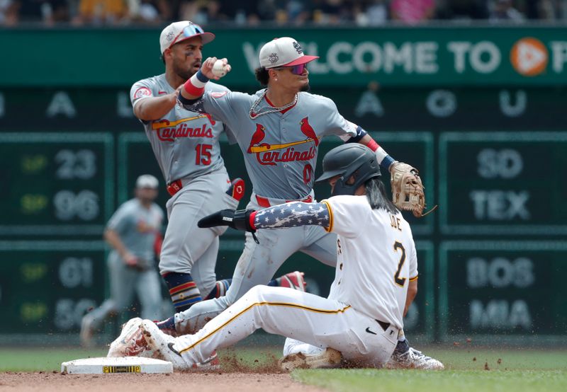 Jul 4, 2024; Pittsburgh, Pennsylvania, USA; St. Louis Cardinals shortstop Masyn Winn (0) throws to first base to complete a double play over Pittsburgh Pirates right fielder  Connor Joe (2) during the fourth inning at PNC Park. Mandatory Credit: Charles LeClaire-USA TODAY Sports