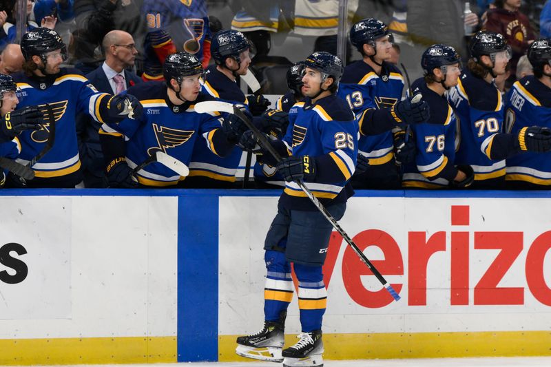 Nov 7, 2024; St. Louis, Missouri, USA; St. Louis Blues center Jordan Kyrou (25) is congratulated by teammates after scoring a goal against the Utah Hockey Club during the third period at Enterprise Center. Mandatory Credit: Jeff Le-Imagn Images