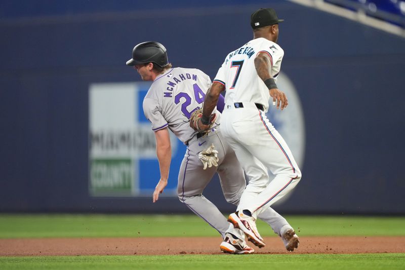 May 2, 2024; Miami, Florida, USA;  Colorado Rockies third baseman Ryan McMahon (24) gets tagged out in a run-down by Miami Marlins shortstop Tim Anderson (7) in the first inning at loanDepot Park. Mandatory Credit: Jim Rassol-USA TODAY Sports