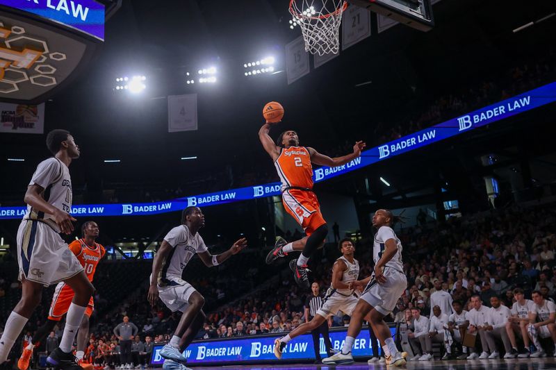 Jan 6, 2026; Atlanta, Georgia, USA; Syracuse Orange guard J.J. Starling (2) dunks against the Georgia Tech Yellow Jackets in the first half at McCamish Pavilion. Mandatory Credit: Brett Davis-Imagn Images