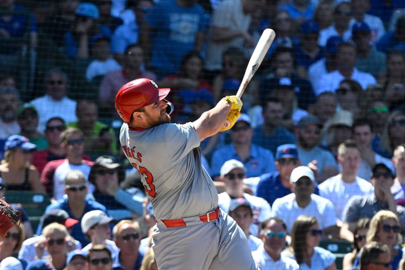 Jun 14, 2024; Chicago, Illinois, USA;  St. Louis Cardinals catcher Pedro Pages (43) watches his home run against the Chicago Cubs during the eighth inning at Wrigley Field. Mandatory Credit: Matt Marton-USA TODAY Sports