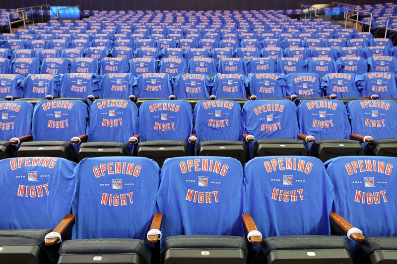 Oct 16, 2023; New York, New York, USA; General view of opening night t-shirts on the seats before an opening night game between the New York Rangers and the Arizona Coyotes at Madison Square Garden. Mandatory Credit: Brad Penner-USA TODAY Sports