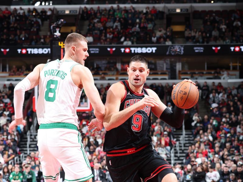 CHICAGO, IL - NOVEMBER 29: Nikola Vucevic #9 of the Chicago Bulls dribbles the ball during the game against the Boston Celtics during the Emirates NBA Cup game on November 29, 2024 at United Center in Chicago, Illinois. NOTE TO USER: User expressly acknowledges and agrees that, by downloading and or using this photograph, User is consenting to the terms and conditions of the Getty Images License Agreement. Mandatory Copyright Notice: Copyright 2024 NBAE (Photo by Jeff Haynes/NBAE via Getty Images)