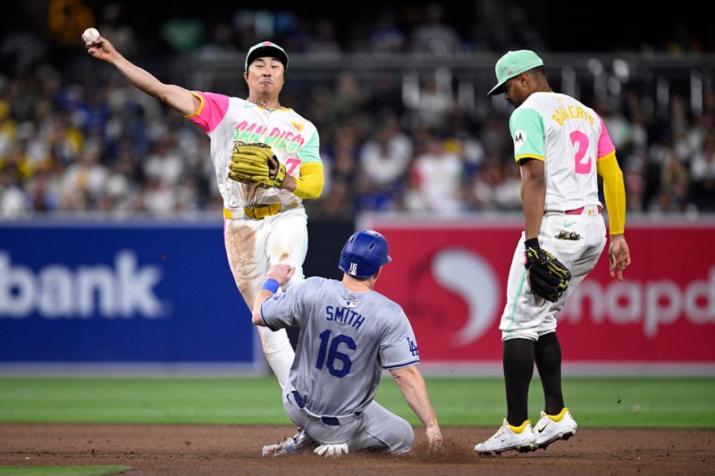 May 10, 2024; San Diego, California, USA; San Diego Padres shortstop Ha-Seong Kim (7) throws to first base after forcing out Los Angeles Dodgers catcher Will Smith (16) at second base to complete a double play during the eighth inning at Petco Park. Mandatory Credit: Orlando Ramirez-USA TODAY Sports