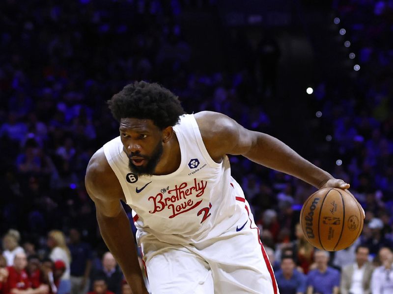 PHILADELPHIA, PA - APRIL 06: Joel Embiid #21 of the Philadelphia 76ers in action against the Miami Heat during a game at Wells Fargo Center on April 6, 2023 in Philadelphia, Pennsylvania. The Heat defeated the 76ers 129-101. NOTE TO USER: User expressly acknowledges and agrees that, by downloading and or using this photograph, User is consenting to the terms and conditions of the Getty Images License Agreement. (Photo by Rich Schultz/Getty Images)