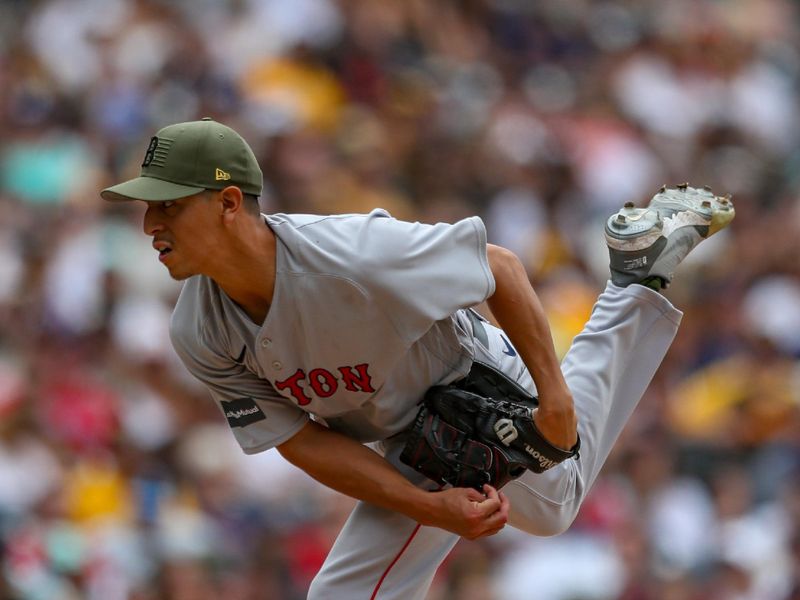 May 21, 2023; San Diego, California, USA; Boston Red Sox starting pitcher Justin Garza (63) throws a pitch in the eighth inning against the San Diego Padres at Petco Park. Mandatory Credit: David Frerker-USA TODAY Sports