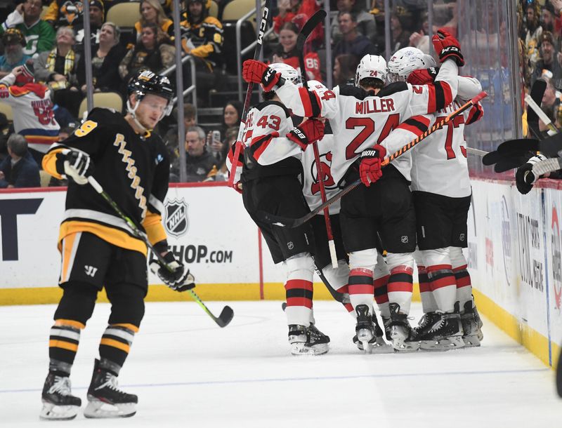 Nov 16, 2023; Pittsburgh, Pennsylvania, USA; New Jersey Devils center Tyler Toffoli (73) celebrates a goal  against the Pittsburgh Penguins during the third period at PPG Paints Arena. Mandatory Credit: Philip G. Pavely-USA TODAY Sports