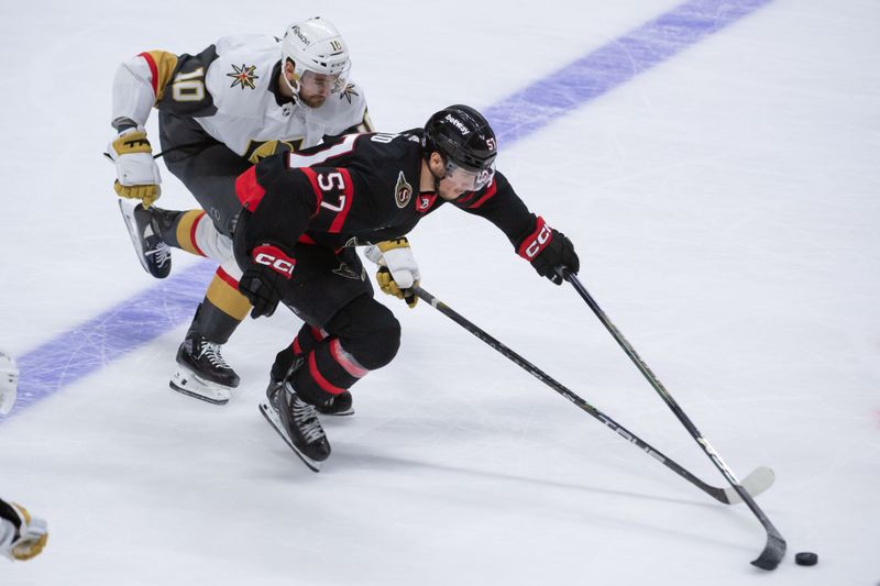 Feb 24, 2024; Ottawa, Ontario, CAN; Vegas Golden Knights center Nicholas Roy (10) chases Ottawa Senators center Shane Pinto (57) in overtime at the Canadian Tire Centre. Mandatory Credit: Marc DesRosiers-USA TODAY Sports