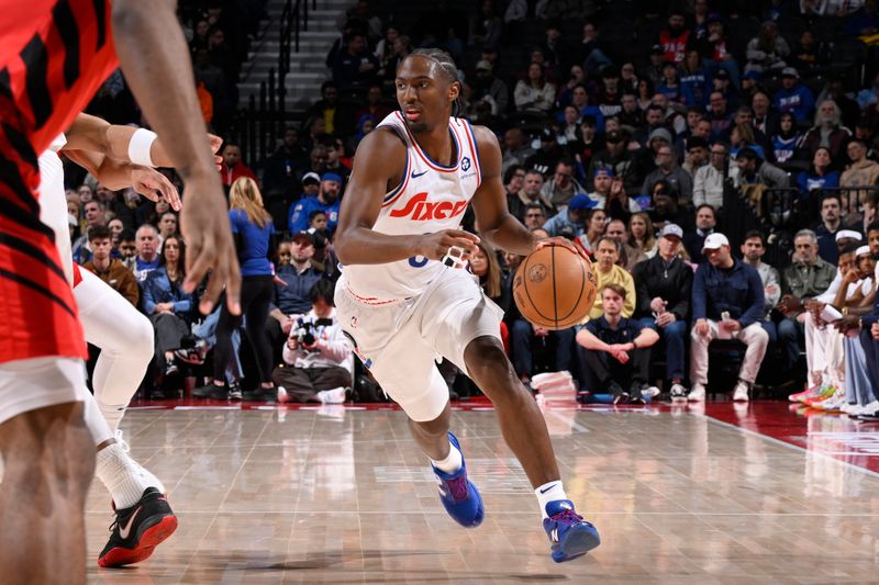 PHILADELPHIA, PA - MARCH 3:   Tyrese Maxey #0 of the Philadelphia 76ers dribbles the ball during the game against the Portland Trail Blazers on March 3, 2025 at the Wells Fargo Center in Philadelphia, Pennsylvania NOTE TO USER: User expressly acknowledges and agrees that, by downloading and/or using this Photograph, user is consenting to the terms and conditions of the Getty Images License Agreement. Mandatory Copyright Notice: Copyright 2025 NBAE (Photo by David Dow/NBAE via Getty Images)