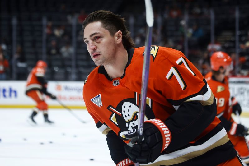 Nov 8, 2024; Anaheim, California, USA; Anaheim Ducks right wing Frank Vatrano (77) skates before a hockey game against the Minnesota Wild at Honda Center. Mandatory Credit: Jessica Alcheh-Imagn Images