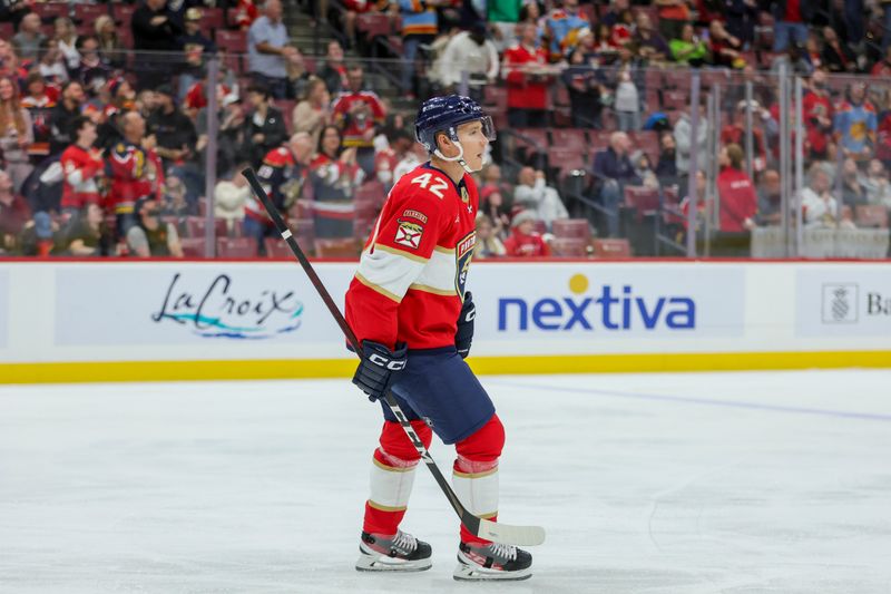 Nov 6, 2023; Sunrise, Florida, USA; Florida Panthers defenseman Gustav Forsling (42) looks on after scoring against the Columbus Blue Jackets during the first period at Amerant Bank Arena. Mandatory Credit: Sam Navarro-USA TODAY Sports