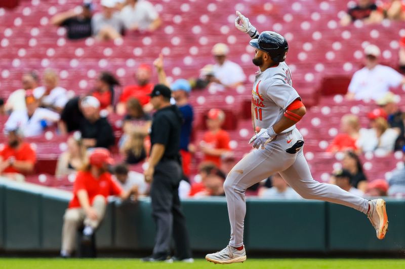 Apr 30, 2025; Cincinnati, Ohio, USA; St. Louis Cardinals outfielder Victor Scott II (11) reacts after hitting a three-run home run in the ninth inning against the Cincinnati Reds at Great American Ball Park. Mandatory Credit: Katie Stratman-Imagn Images
