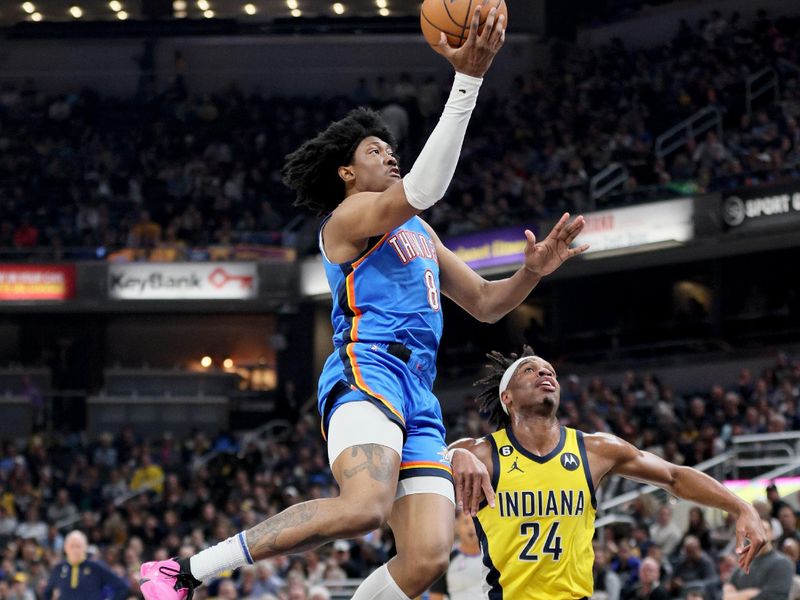 INDIANAPOLIS, INDIANA - MARCH 31:  Jalen Williams #8 of the Oklahoma City Thunder against Indiana Pacers at Gainbridge Fieldhouse on March 31, 2023 in Indianapolis, Indiana.    NOTE TO USER: User expressly acknowledges and agrees that, by downloading and/or using this photograph, User is consenting to the terms and conditions of the Getty Images License Agreement. (Photo by Andy Lyons/Getty Images)