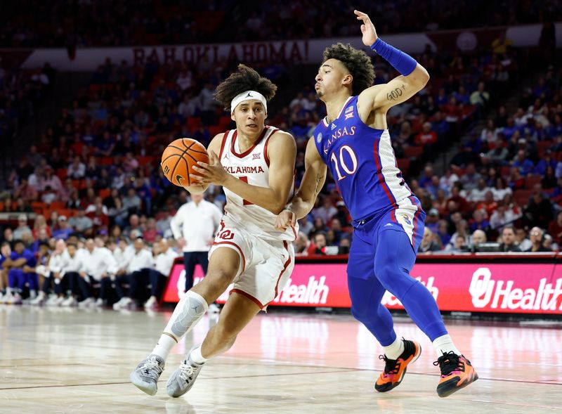 Feb 11, 2023; Norman, Oklahoma, USA; Oklahoma Sooners forward Jalen Hill (1) drives to the basket against Kansas Jayhawks forward Jalen Wilson (10) during the second half at Lloyd Noble Center. Kansas won 78-55. Mandatory Credit: Alonzo Adams-USA TODAY Sports