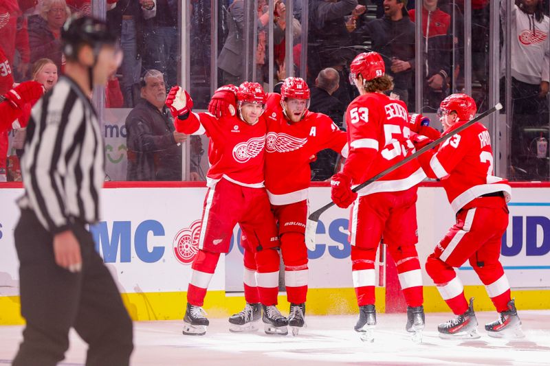 Mar 19, 2024; Detroit, Michigan, USA; Detroit Red Wings right wing Patrick Kane (88) celebrates his game winning goal against the Columbus Blue Jackets during an overtime period at Little Caesars Arena. Mandatory Credit: Brian Bradshaw Sevald-USA TODAY Sports