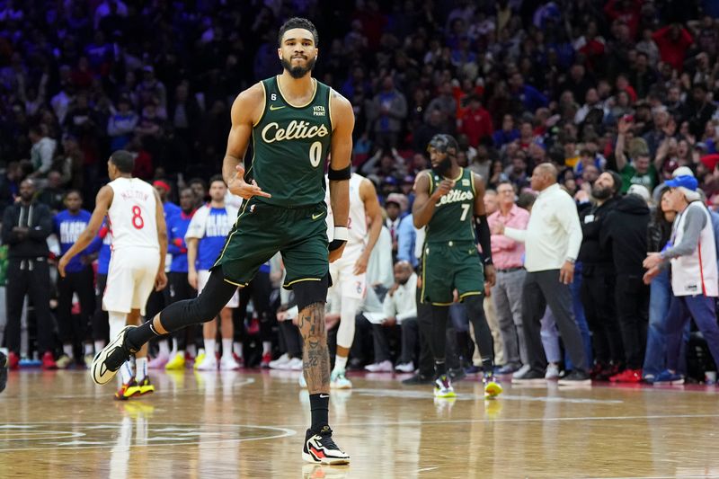 PHILADELPHIA, PA - FEBRUARY 25: Jayson Tatum #0 of the Boston Celtics reacts after making the game-winning three-point basket in the final seconds of the game against the Philadelphia 76ers at the Wells Fargo Center on February 25, 2023 in Philadelphia, Pennsylvania. The Celtics defeated the 76ers 110-107. NOTE TO USER: User expressly acknowledges and agrees that, by downloading and or using this photograph, User is consenting to the terms and conditions of the Getty Images License Agreement. (Photo by Mitchell Leff/Getty Images)