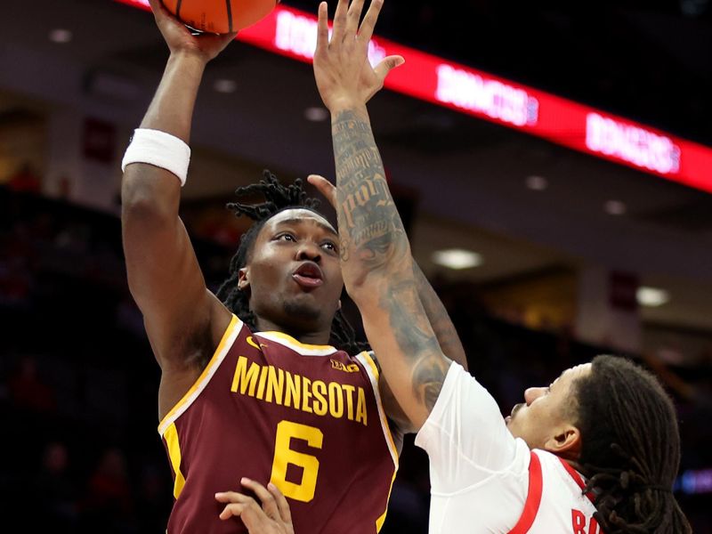Jan 20, 2026; Columbus, Ohio, USA;  Minnesota Golden Gophers guard Langston Reynolds (6) shoots the ball as Ohio State Buckeyes forward Devin Royal (21) defends during the first half at Value City Arena. Mandatory Credit: Joseph Maiorana-Imagn Images