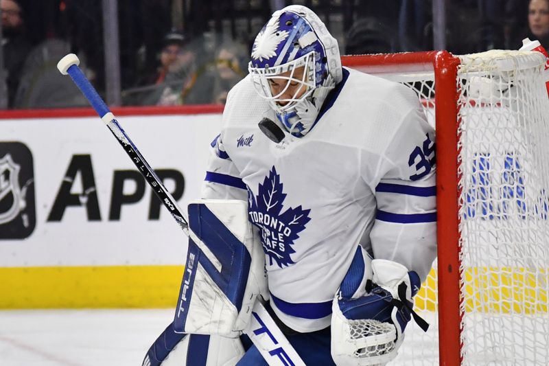 Mar 19, 2024; Philadelphia, Pennsylvania, USA; Toronto Maple Leafs goaltender Ilya Samsonov (35) makes a save against the Philadelphia Flyers during the third period at Wells Fargo Center. Mandatory Credit: Eric Hartline-USA TODAY Sports