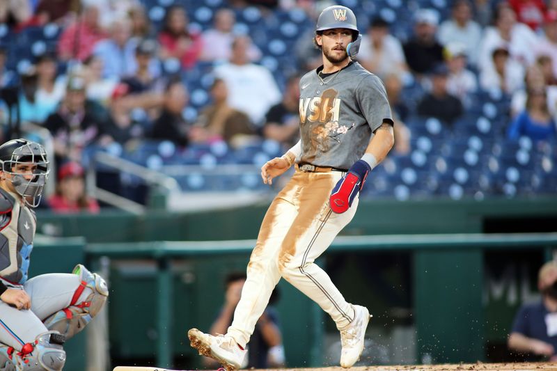 Sep 13, 2024; Washington, District of Columbia, USA; Washington Nationals outfielder Dylan Crews (3) scores during the first inning of a baseball game against the Miami Marlins, at Nationals Park. Mandatory Credit: Daniel Kucin Jr.-Imagn Images

