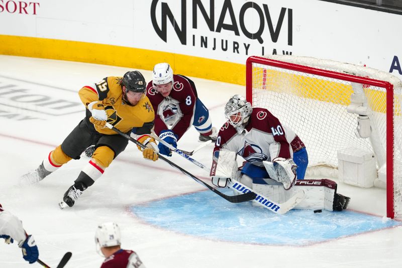 Apr 14, 2024; Las Vegas, Nevada, USA; Vegas Golden Knights center Ivan Barbashev (49) scores a goal against Colorado Avalanche goaltender Alexandar Georgiev (40) as defenseman Cale Makar (8) attempts to stop the play during the third period at T-Mobile Arena. Mandatory Credit: Stephen R. Sylvanie-USA TODAY Sports