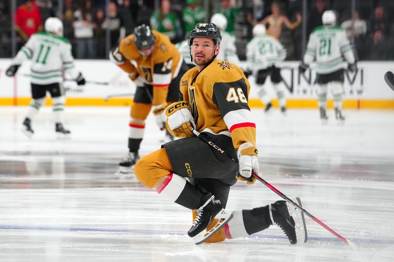 Dec 6, 2024; Las Vegas, Nevada, USA; Vegas Golden Knights center Tomas Hertl (48) warms up before a game against the Dallas Stars at T-Mobile Arena. Mandatory Credit: Stephen R. Sylvanie-Imagn Images