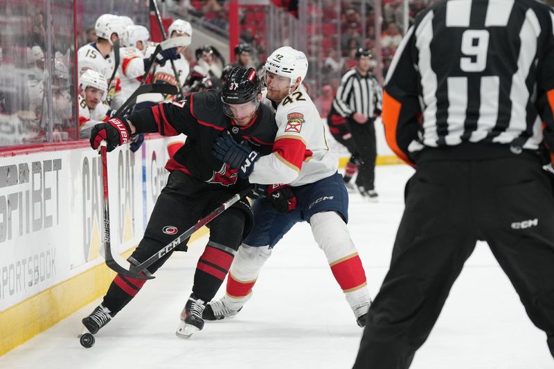 May 22, 2025; Raleigh, North Carolina, USA;  Florida Panthers defenseman Gustav Forsling (42) checks Carolina Hurricanes forward Andrei Svechnikov (37) during the third period in game two of the Eastern Conference Final of the 2025 Stanley Cup Playoffs at Lenovo Center. Mandatory Credit: James Guillory-Imagn Images